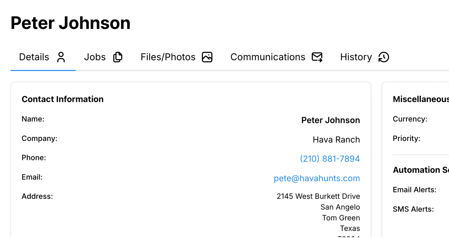 Client profile screen in MountMonitor showing contact info and jobs