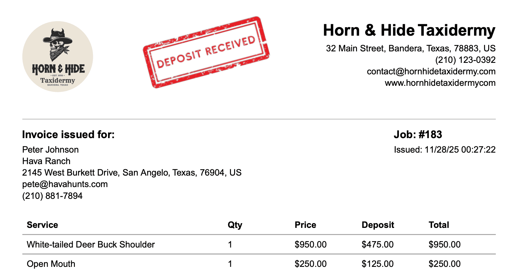 MountMonitor invoice showing client information and deposit received stamp